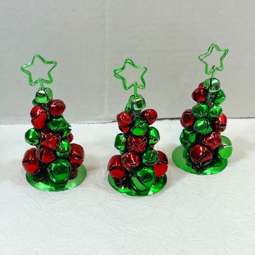 3 Jingle Bells Christmas Tree Holiday Table Name Holders Red Green 4.5"